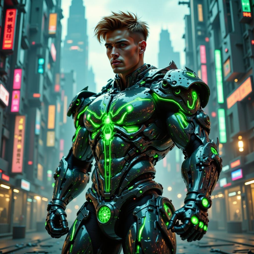 Handsome beautiful male brown hair bodybuilder , muscle fractals helix intricate celestial design black neon green armor mecha arms futurist...