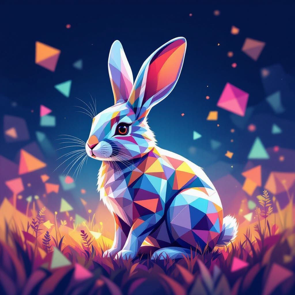 A stylized, geometric rabbit composed of interlocking fractal patterns, standing in a field of abstract, glowing geometric shapes. The color...