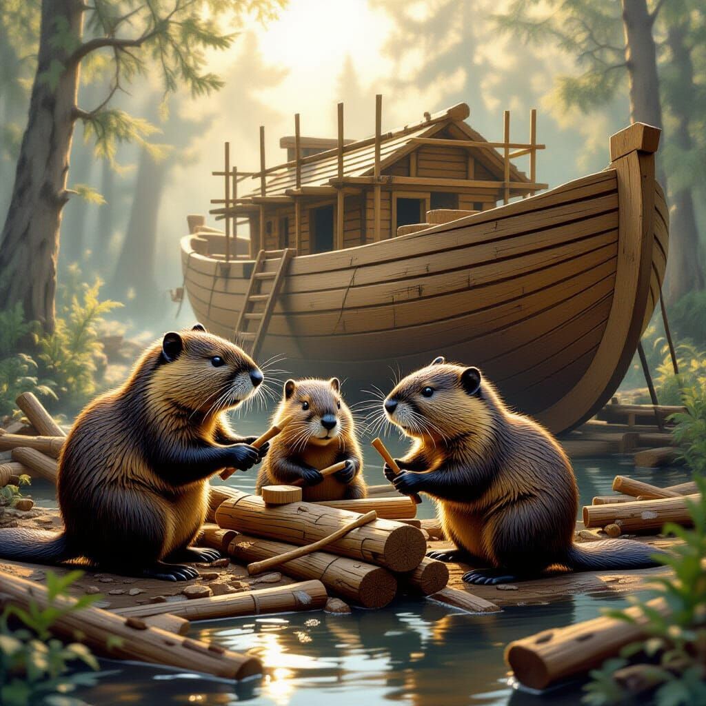 A hyperdetailed beaver family working diligently to construct Noah's Ark. The beavers are depicted with ...  by @PeteArtwork