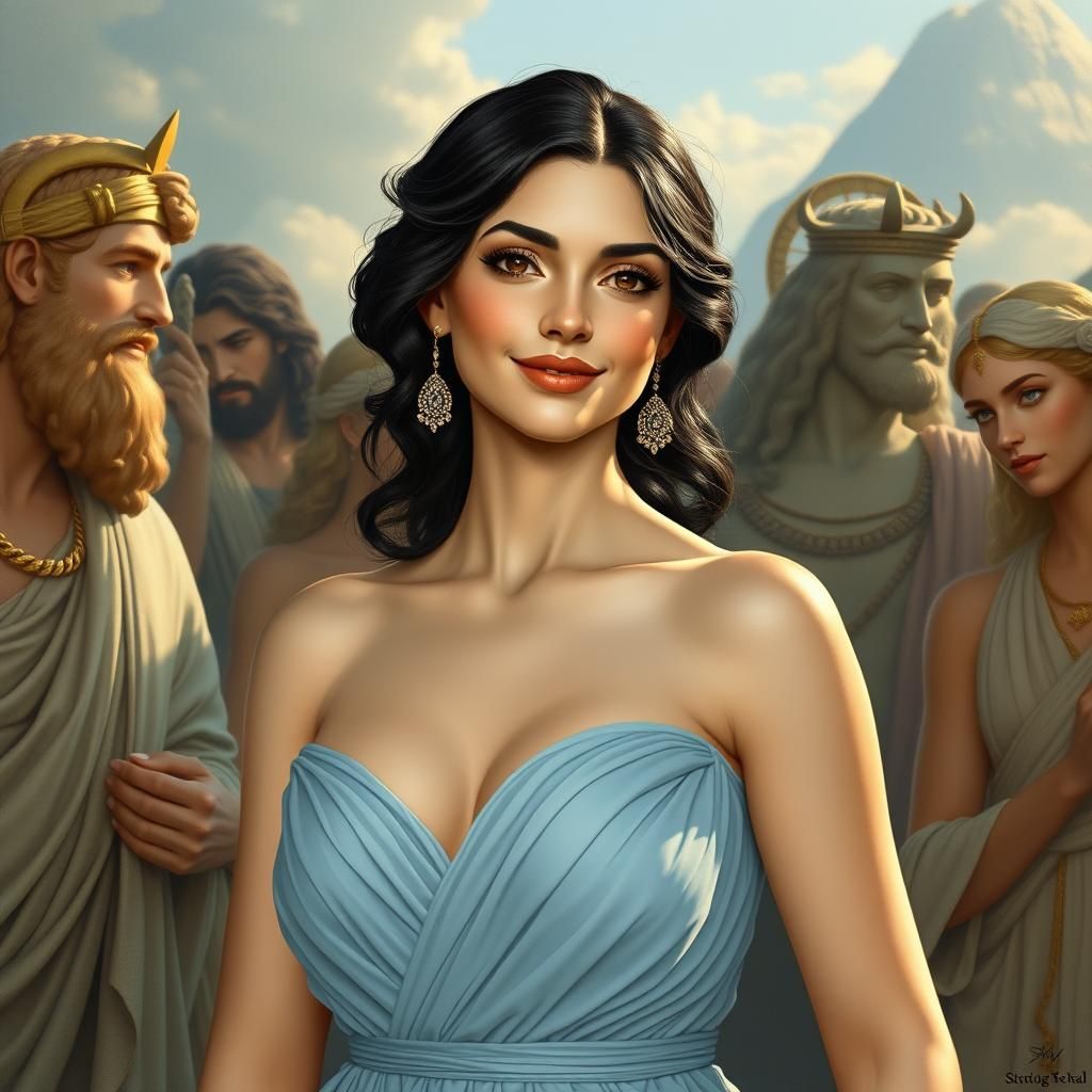 Elegant Woman in Blue Gown on Mount Olympus