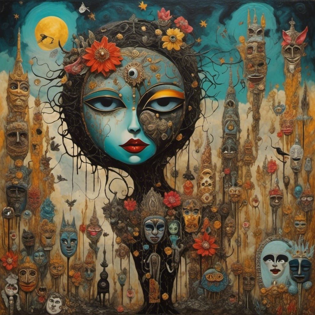 <lora:Surreal Kiwi Style:1.0> I feel stabby, persian masks and totems, acrylic on canvas with textured mixed media collage, signs and symbol...