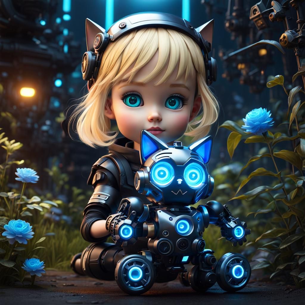 Cute little blonde girl playing with chibi android cat - AI Generated ...
