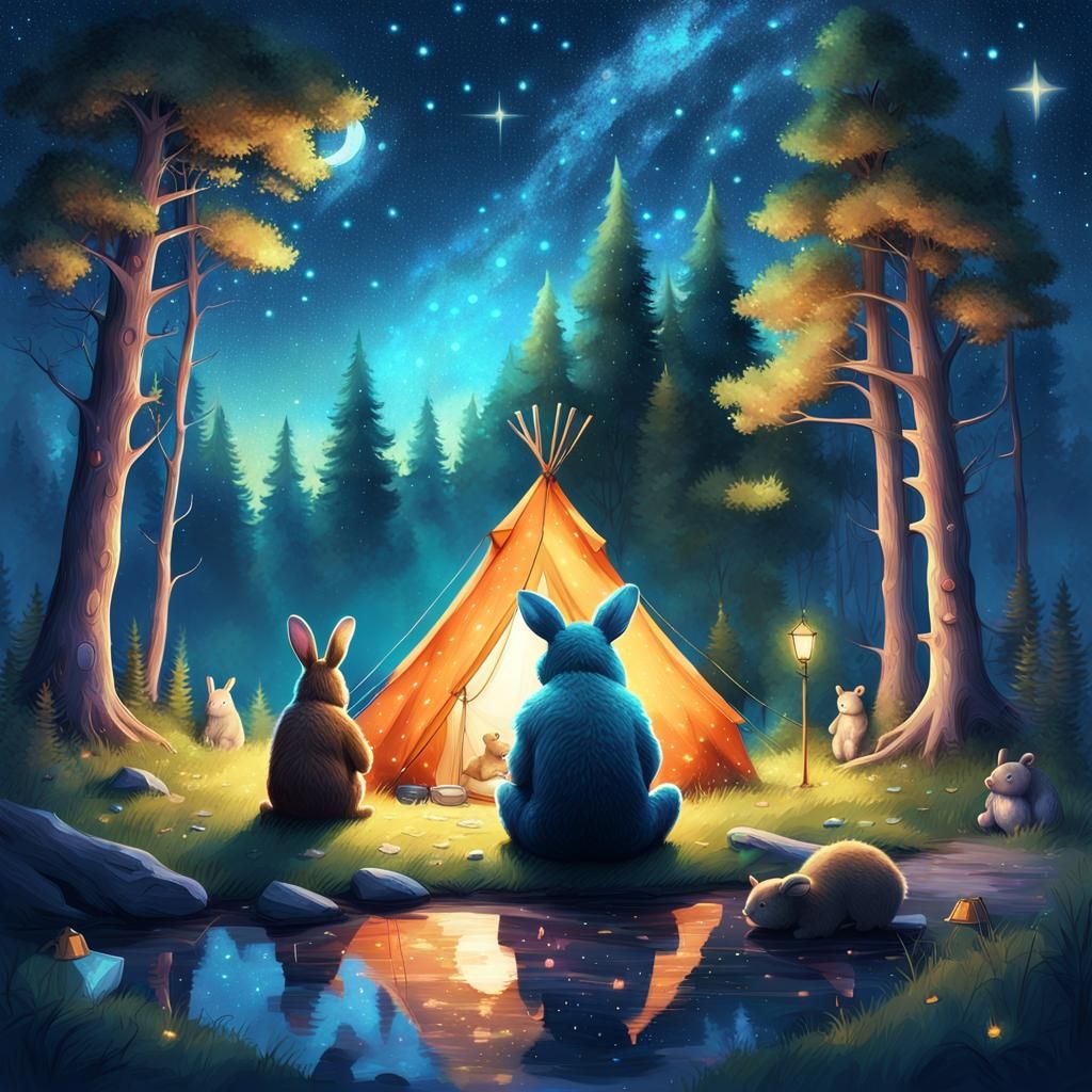 Rabbit and Bear Camping Under the Stars