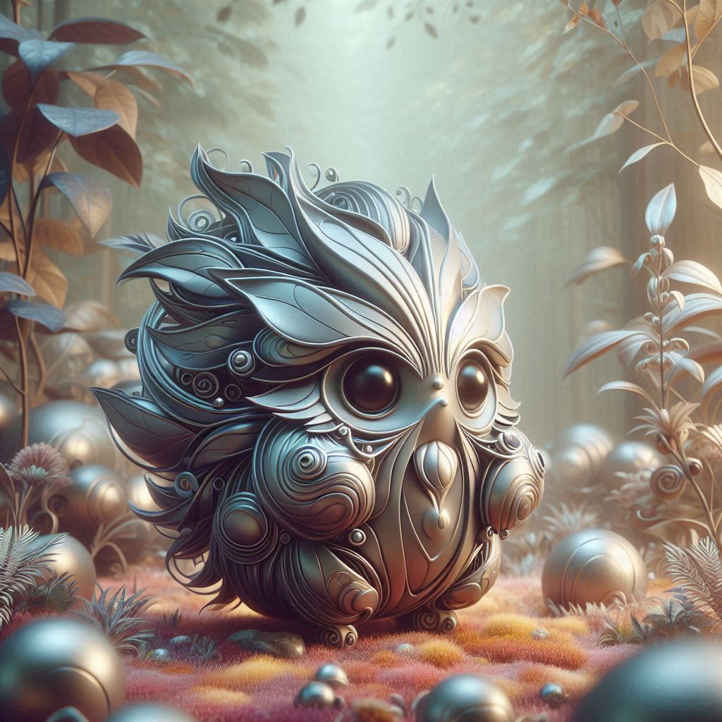 Mystical Metallic Critter in Whimsical Forest This image shows a mystical creature with metallic fur in a whimsical forest. The design evoke...