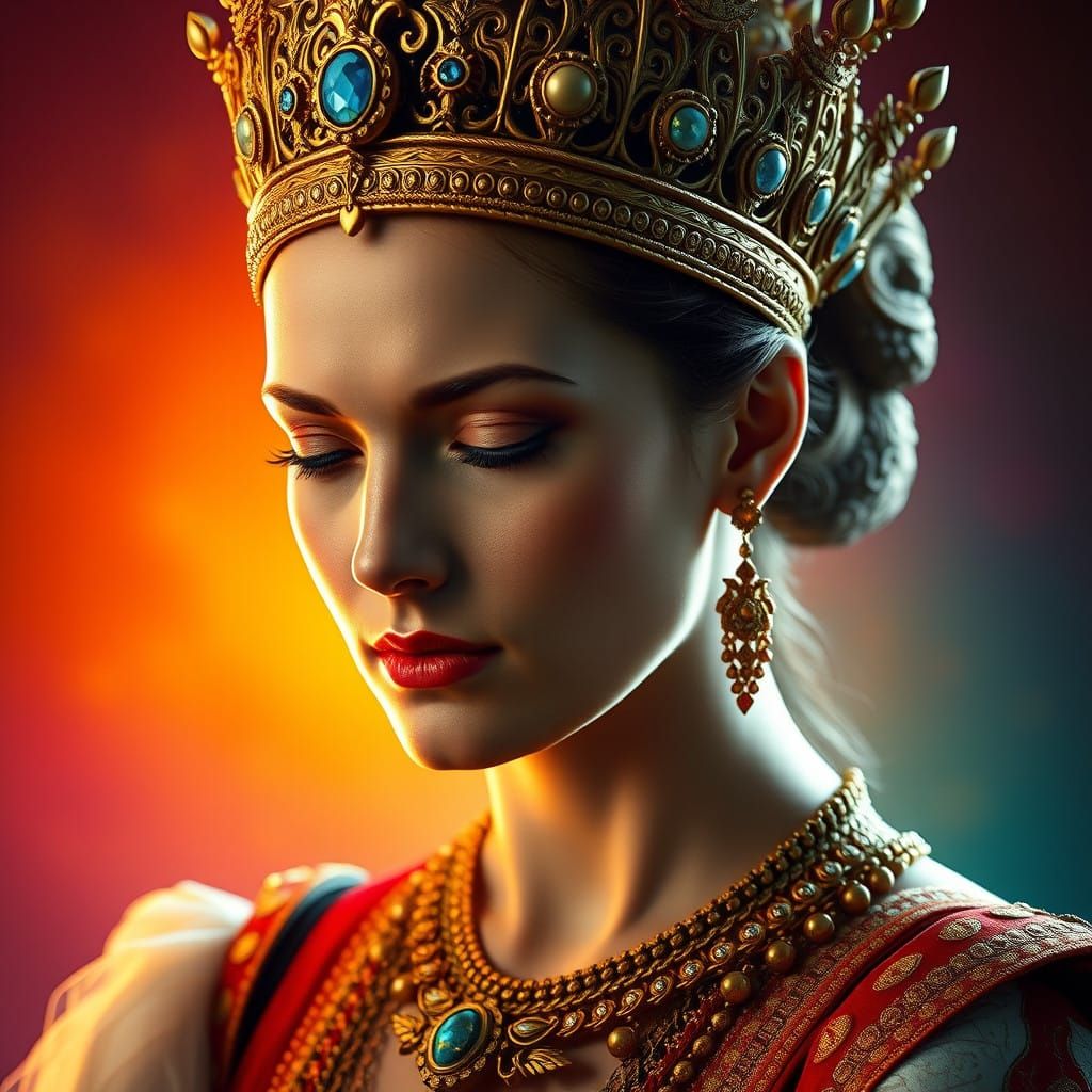 Regal Queen in Golden Headdress with Sunset-Inspired Backgro...