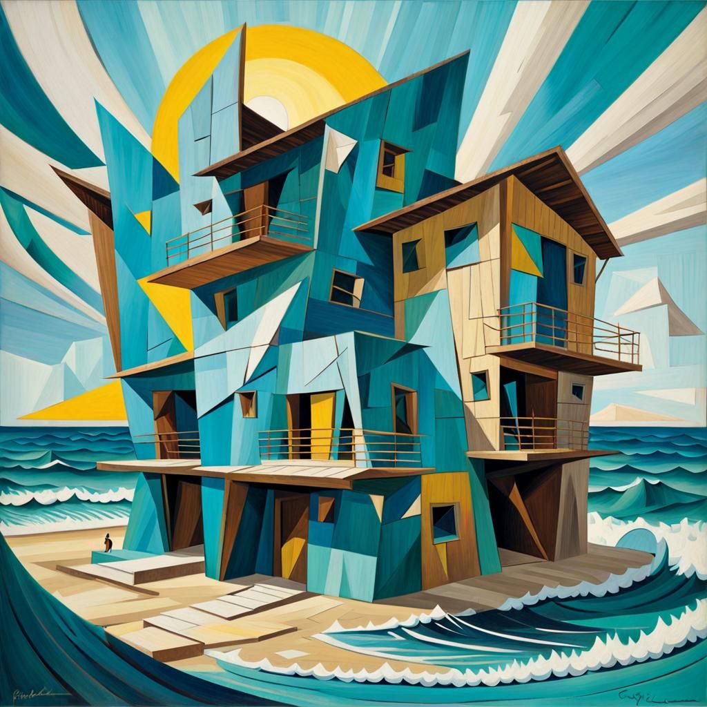 Surf shack cubism vivid colors Picasso style    by @jnatas