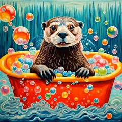 Otter, Taking A Bubble Bath Wes Anderson Psychedelic Art Wet Wash 