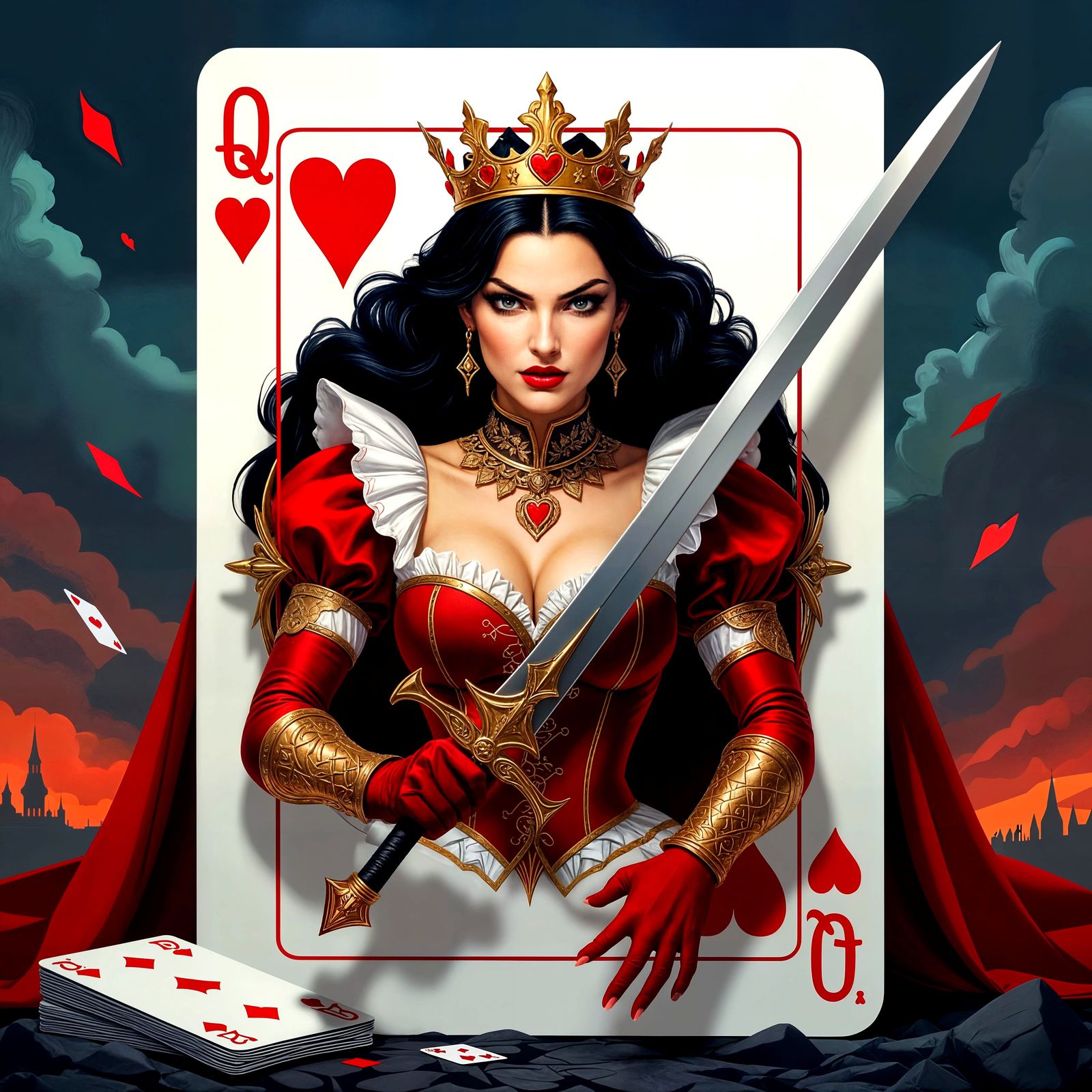 The queen of hearts playing cards with the queen slowly emerging from the card ready for battle   by @Mia