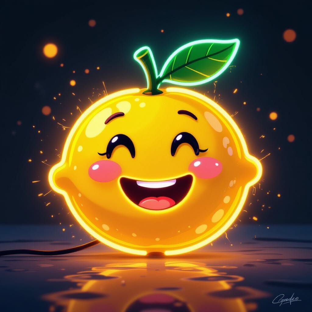 Vibrant Neon Lemon with Smiling Face in Street Art Style