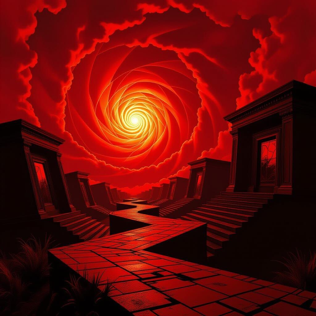 imagine a surreal landscape bathed in intense fire-red light, with warped geometry, infinite spirals, ...  by @StormTrooper-of-Death