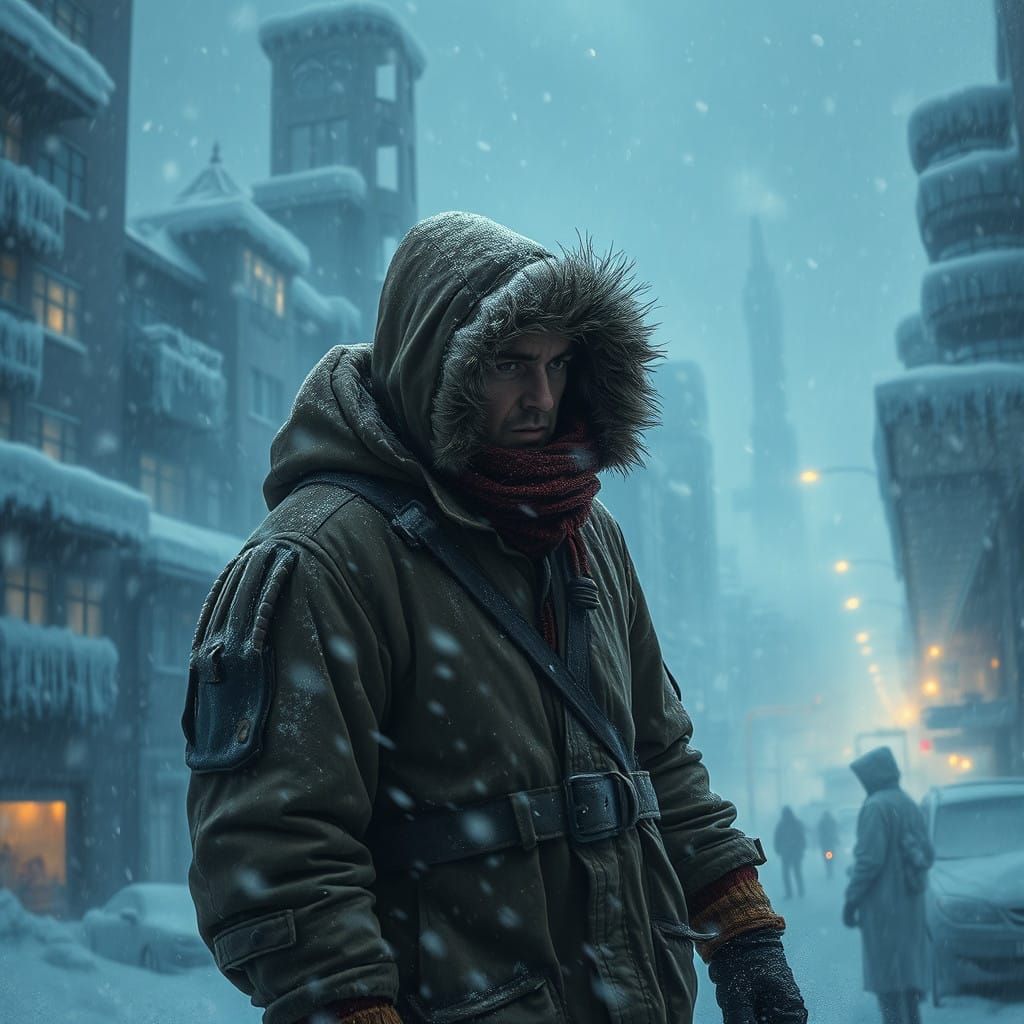 Frozen Figure Bracing Against the Stormy Cityscape in Deep B...