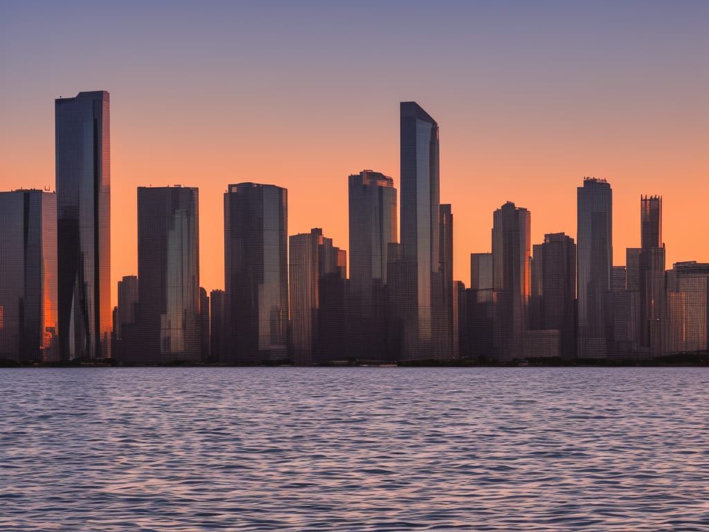 City skyline across the water at sunset