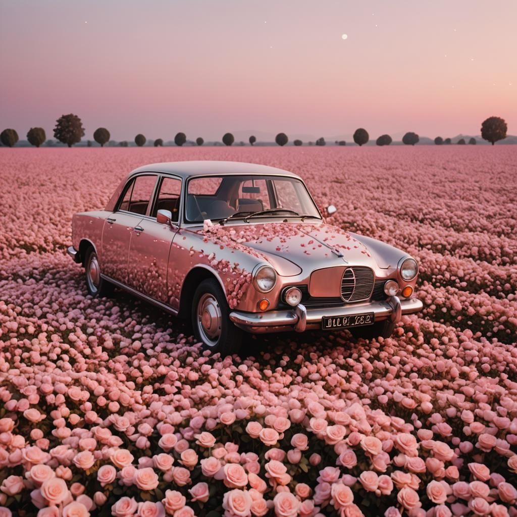A car lying in an infinite field of roses with the sky pink