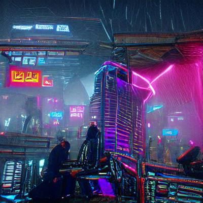 cyberpunk city with flashing strobe lights