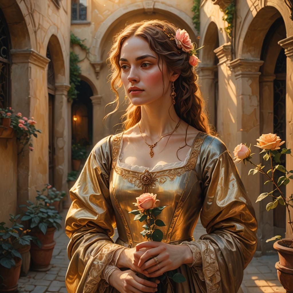 Renaissance Woman with Rose in Golden Light