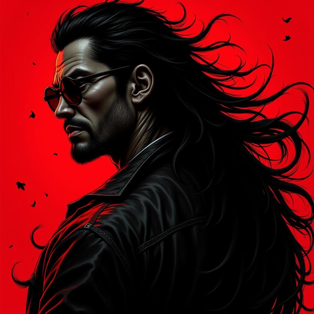 A Yakuza man with chiseled, muscular features and long hair flowing in the back, posing dramatically in a Bishounen style. He wears sleek gl...