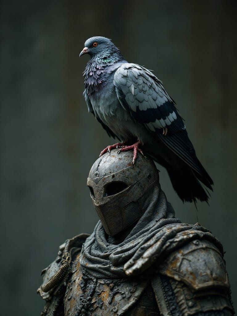 Pigeon on Knight Statue in Detailed Textured Style