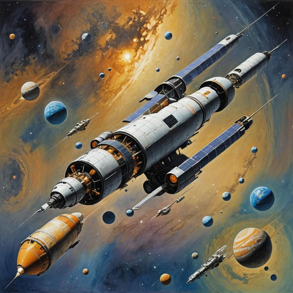 Cylindrical space ship with two external drive pods traversi...