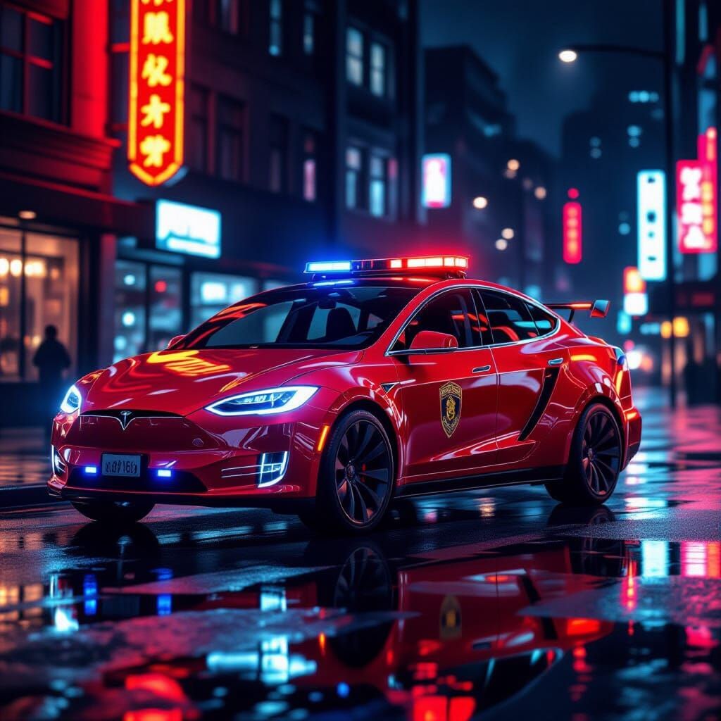 Futuristic Red Tesla Fire Truck with Neon City Lights