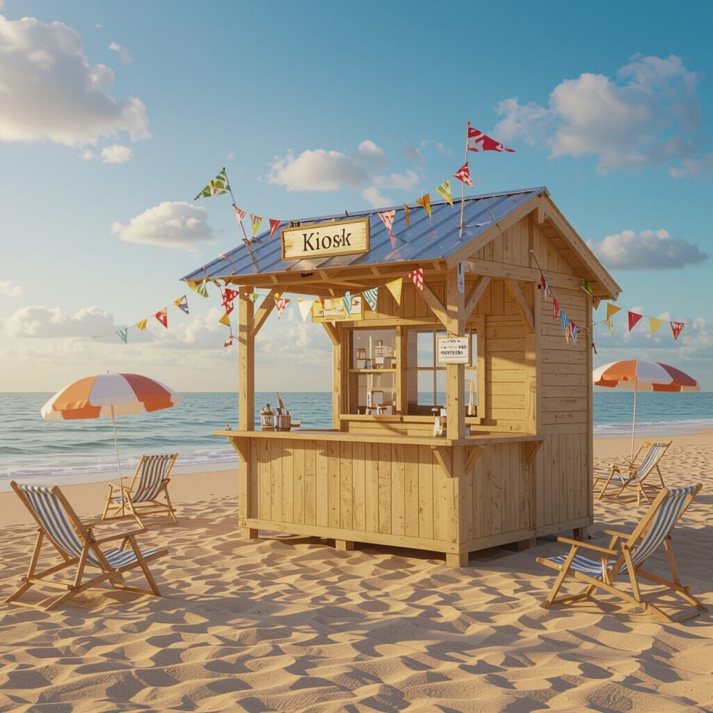Charming Beach Kiosk in Golden Hour Light