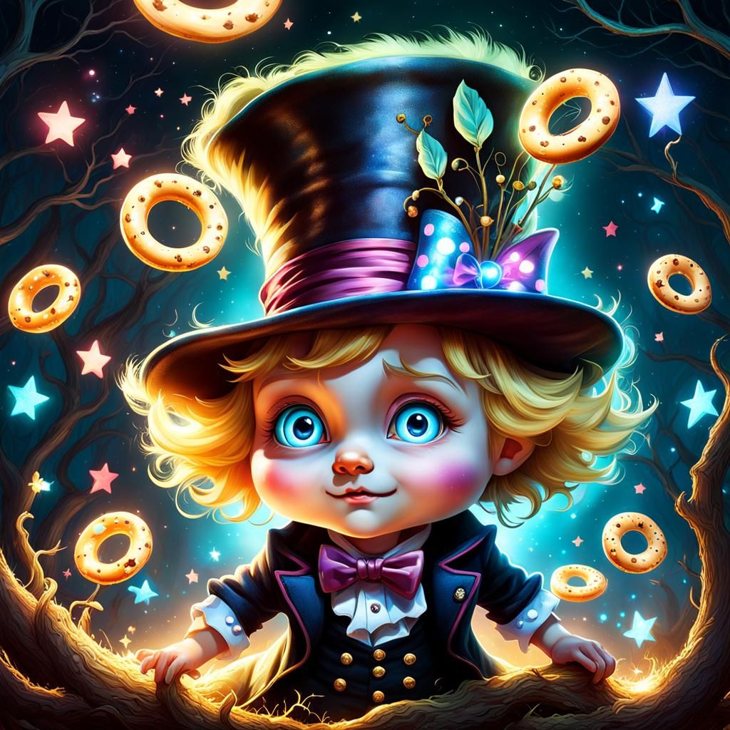 baby mad hatter en bretzels creepy cute, grands yeux rêveur,...