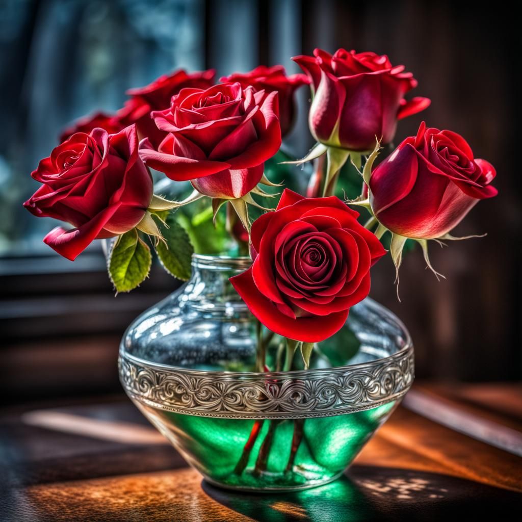 red roses in a vase made of colored Venetian glass intricate...