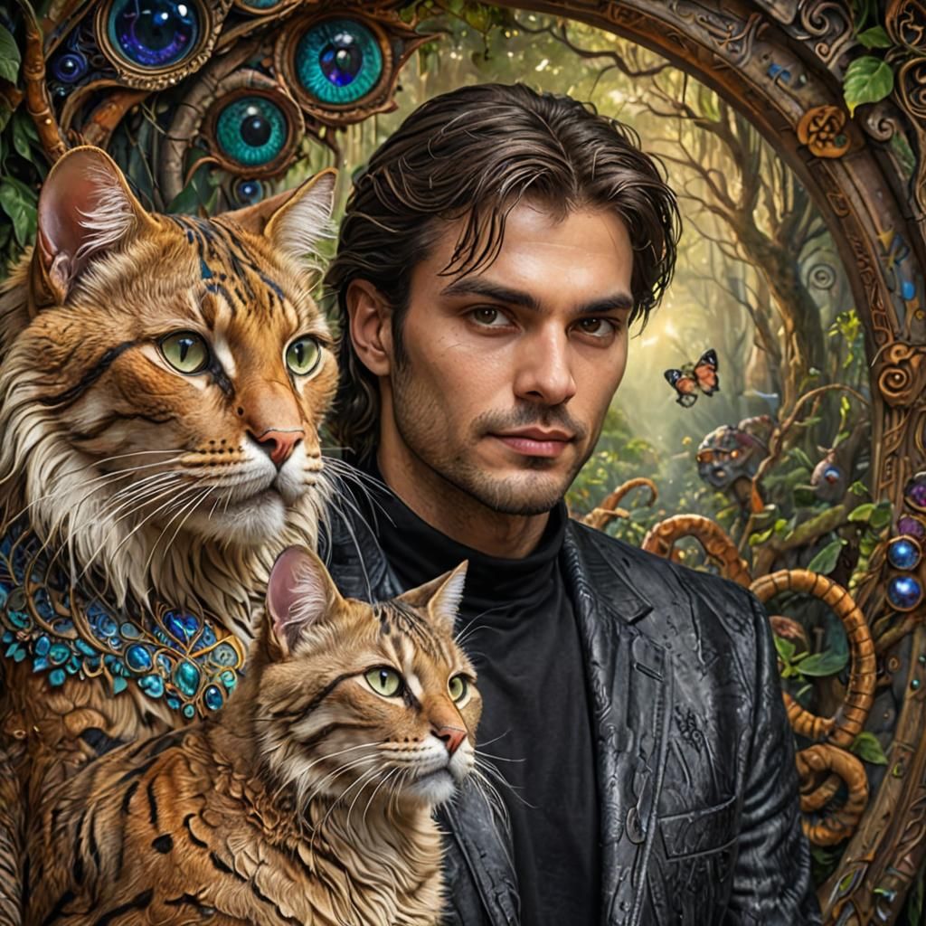 A beautiful large cat with a young Italian man. 8k resolution concept ...