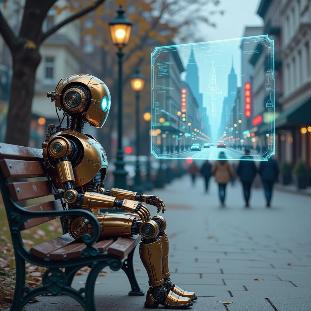 A vintage, steam-powered automaton sits on a park bench, gazing wistfully at a holographic projection ...  by @TNWhiskeyGirl