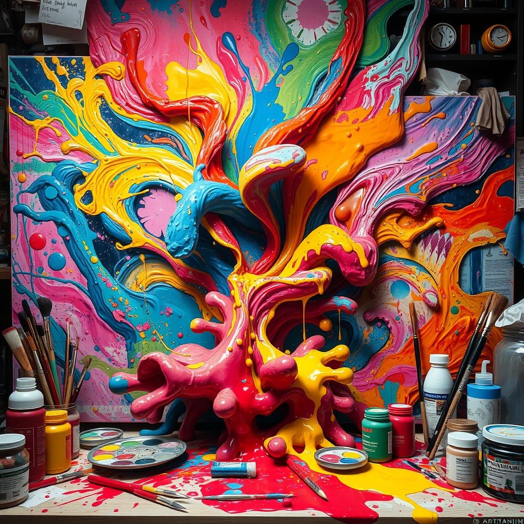 Vibrant Paint Explosion in a Cluttered Workspace