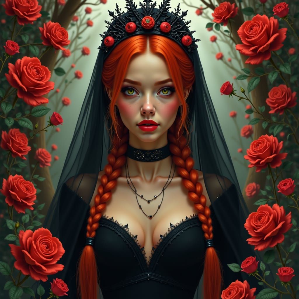 <lora:InfinityFlux:1.0> Beautiful Tsarina Evdokija young and thin, with very long Red titien braids, black kokoshnik, very long black traspa...