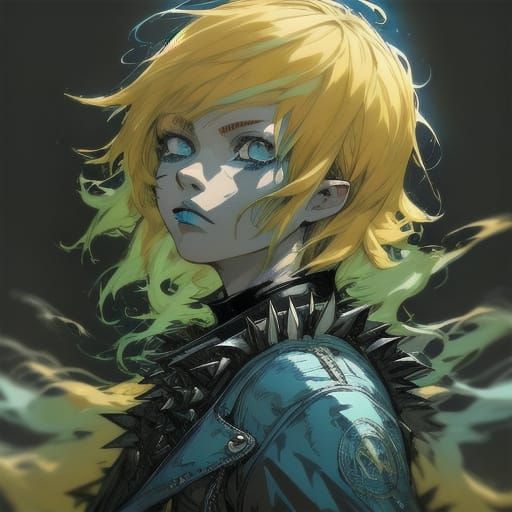 <lora:Curls:1.0> Woman with blonde curly messy punk hair