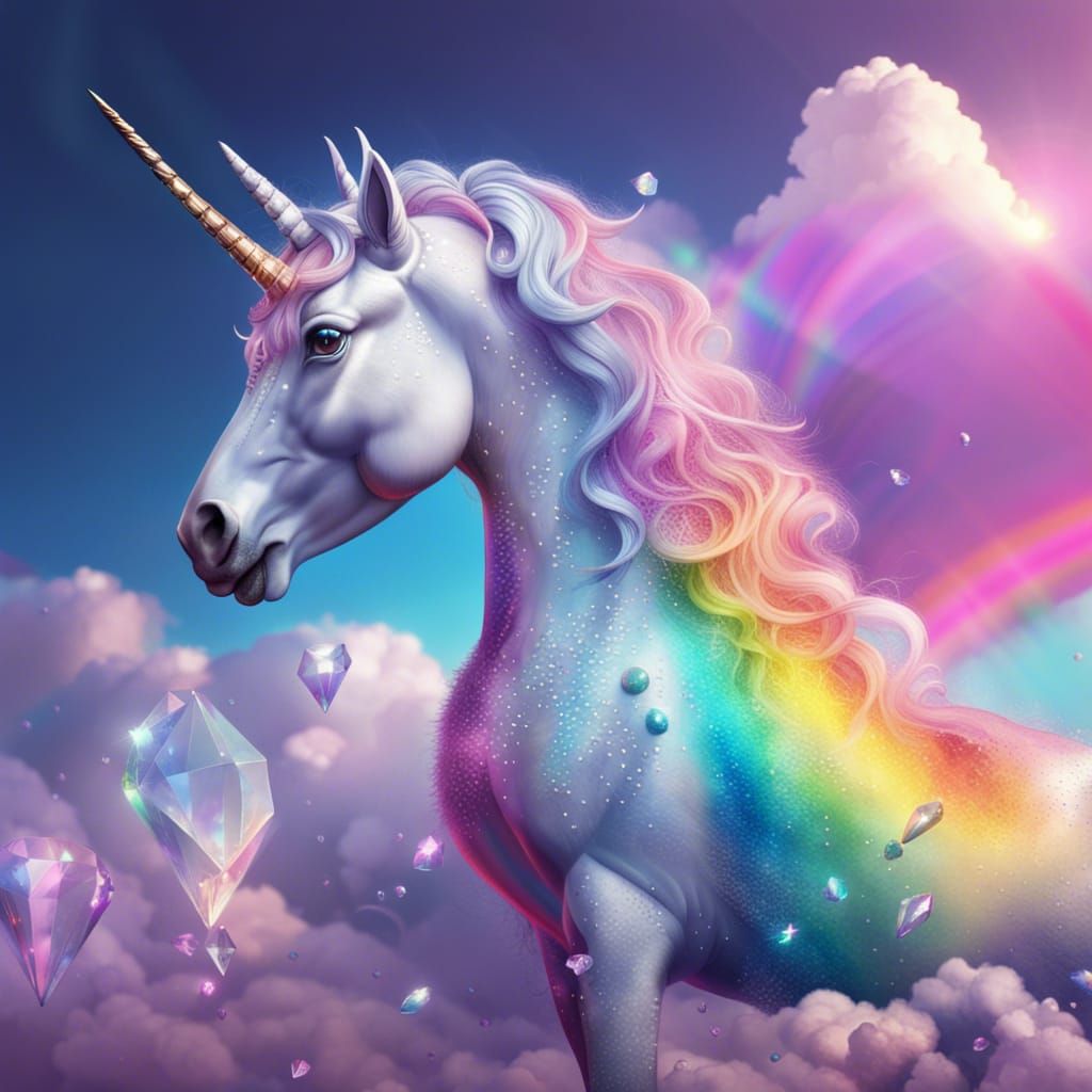 Unicorn 🦄 made of diamonds and crystals, background: clouds with ...