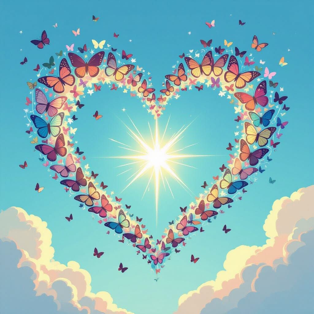 Colorful Butterflies Form Heart Shape in Ethereal Sky