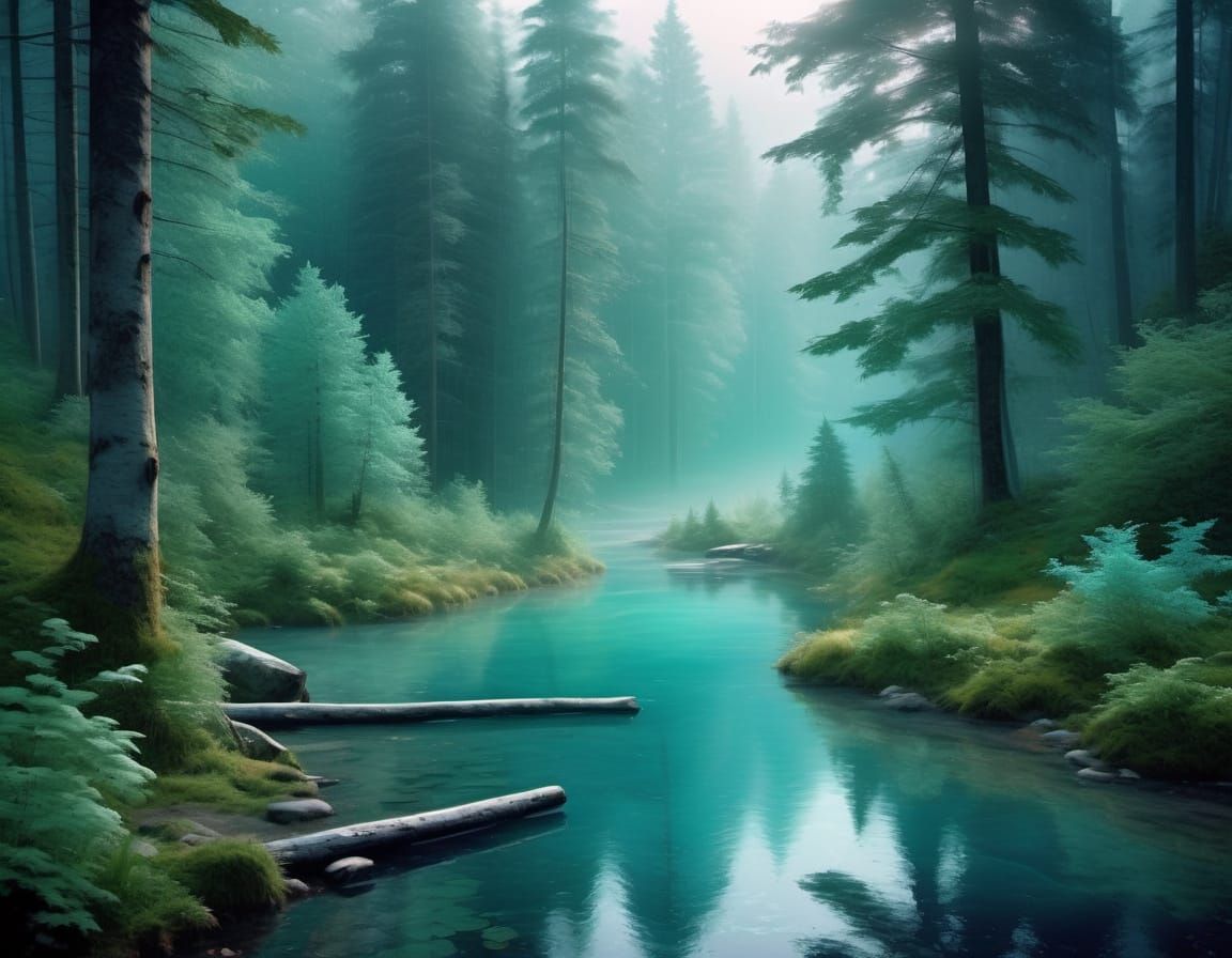 Forest bathing: hot pond in foggy forest. 