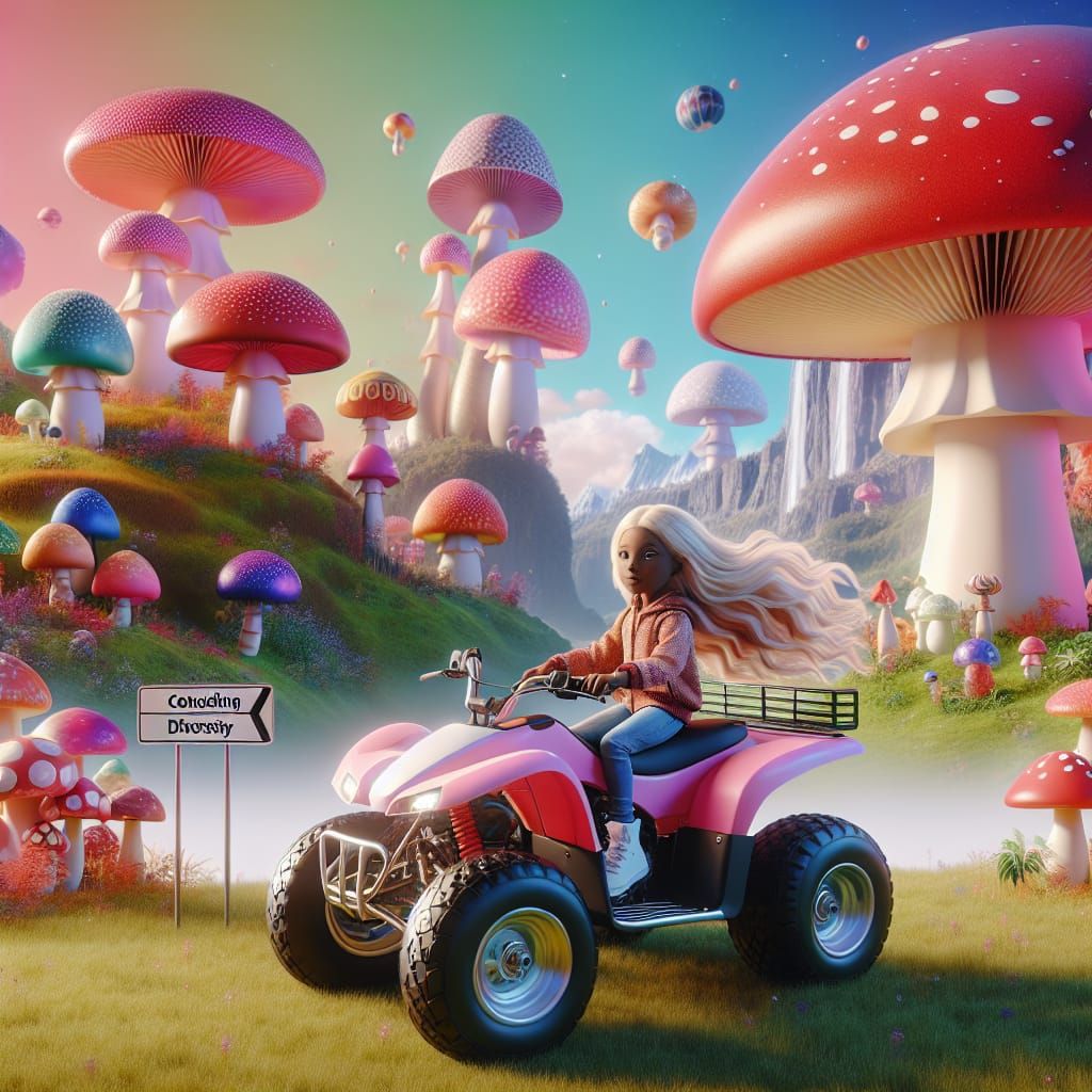 A little girl riding a Pink ATV though the Mushroom Kingdom,...