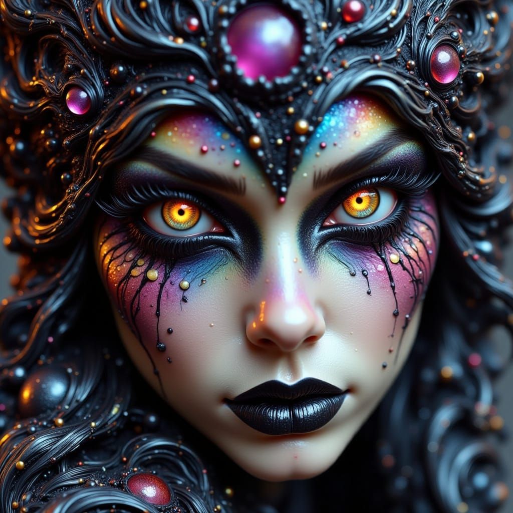 A close-up of a grunge demon fae with dragon scales shimmering across their cheekbones, wearing intricate goth attire adorned with spiderweb...