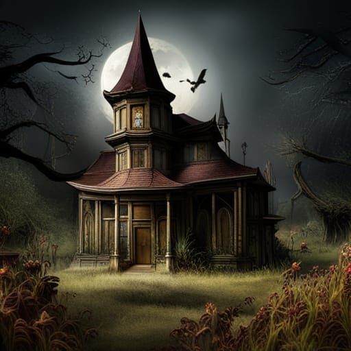 a haunted old house in the middle of a dark forest with a graveyard in ...