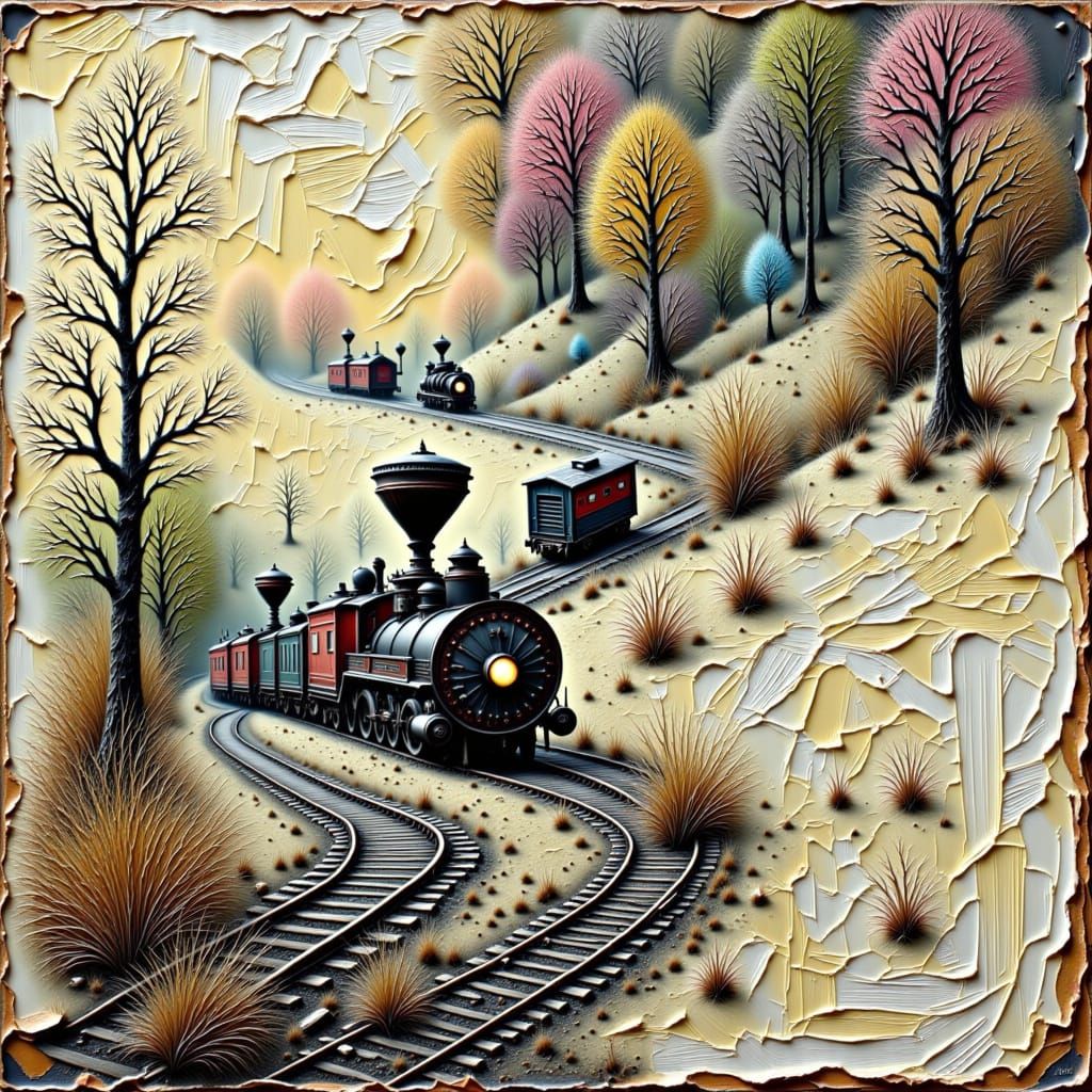 Surreal Landscape with Fading Train Tracks in Encaustic Impa...
