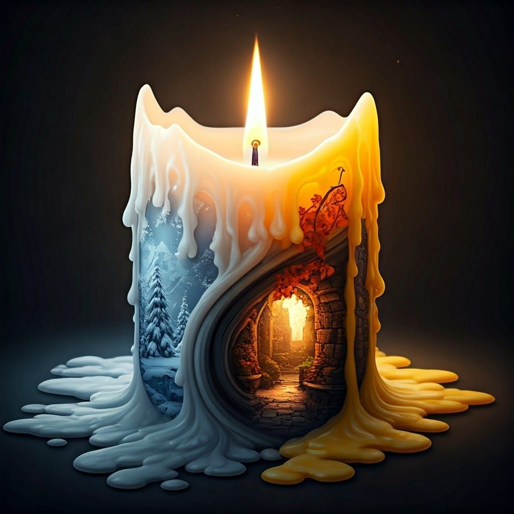 two burning candles intertwined like a spiral, one candle is white, the other is yellow, on the side ...  by @Barabashka