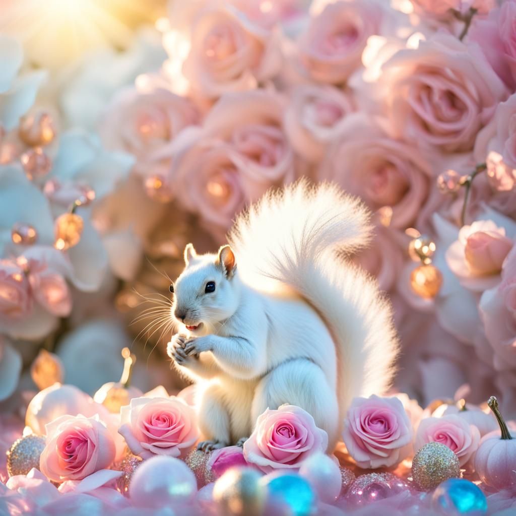 A realistic photo of a white squirrel with a big fluffy whit...