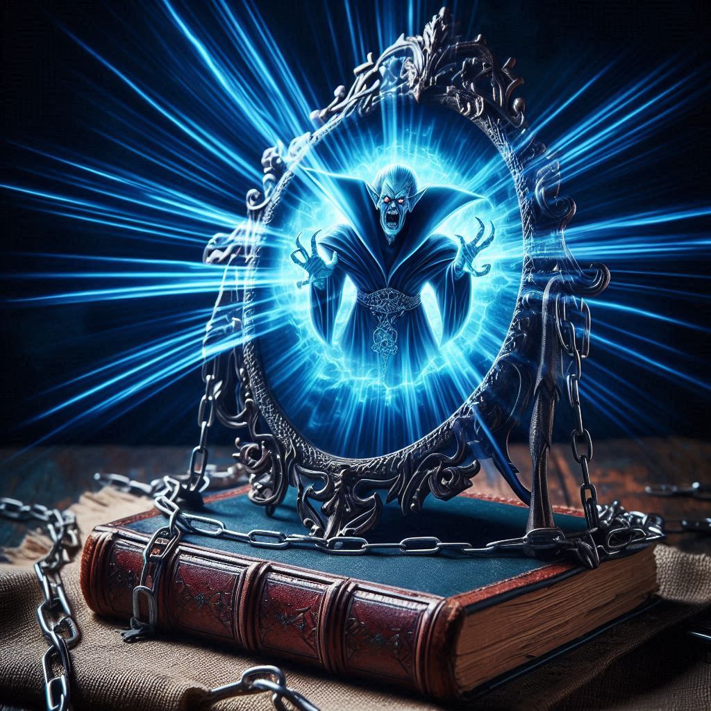 A magical Elvin mirror sitting on top of an old magical grim...