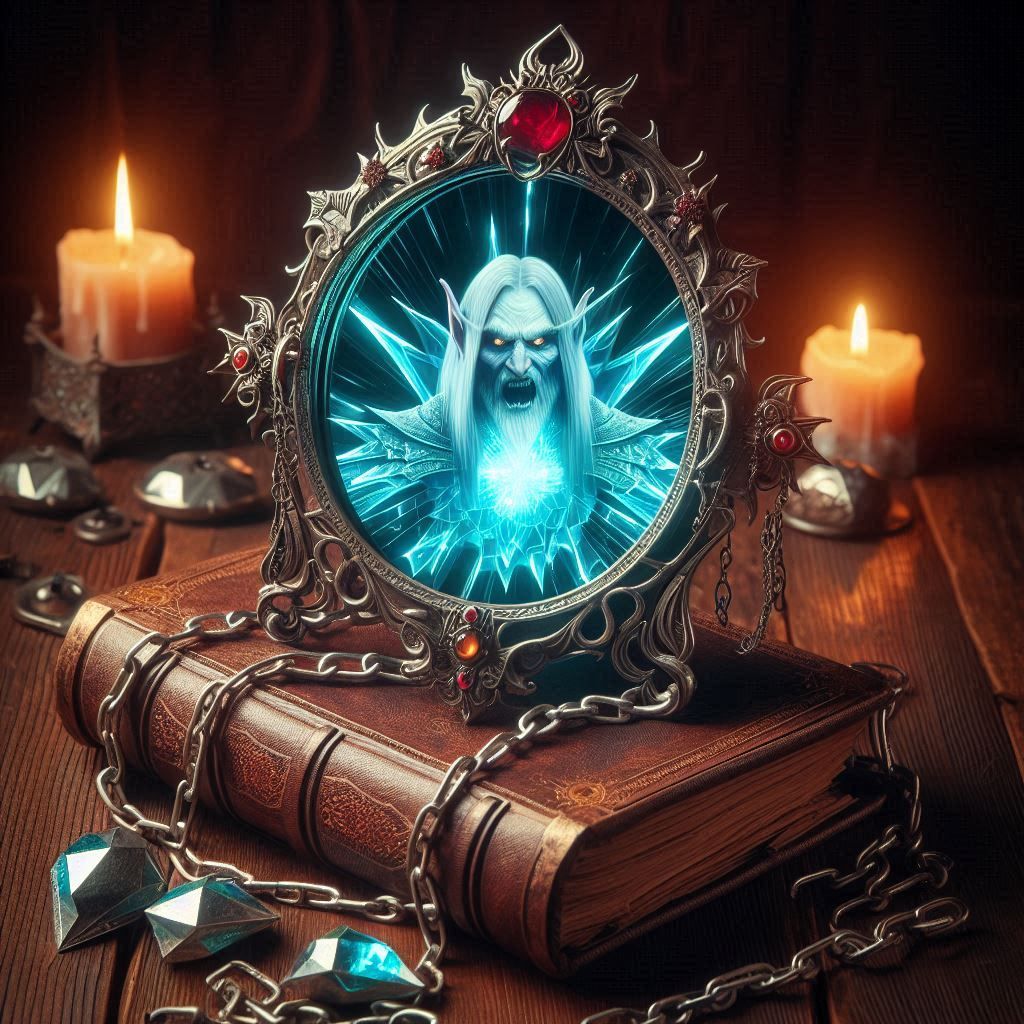 A magical Elvin mirror sitting on top of an old magical grim...