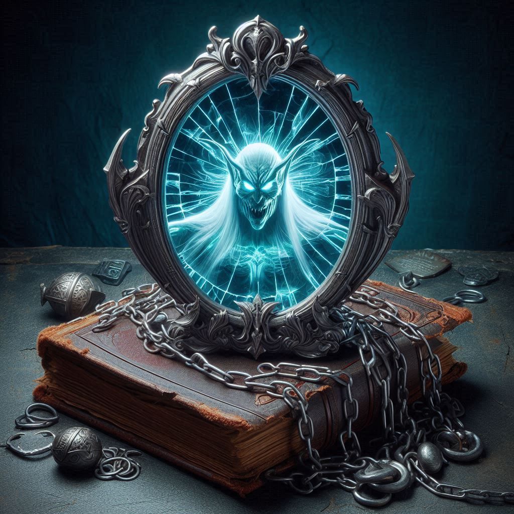 A magical Elvin mirror sitting on top of an old magical grim...