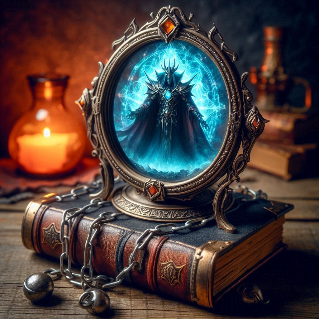 A magical Elvin mirror sitting on top of an old magical grim...