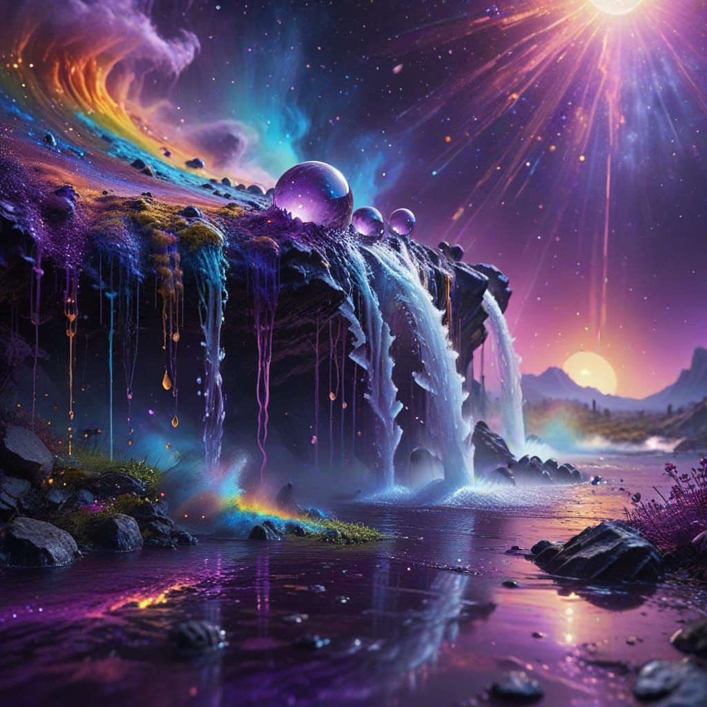 Surreal Nebula Waterfall on Violet Moon in Oil Painting Styl...