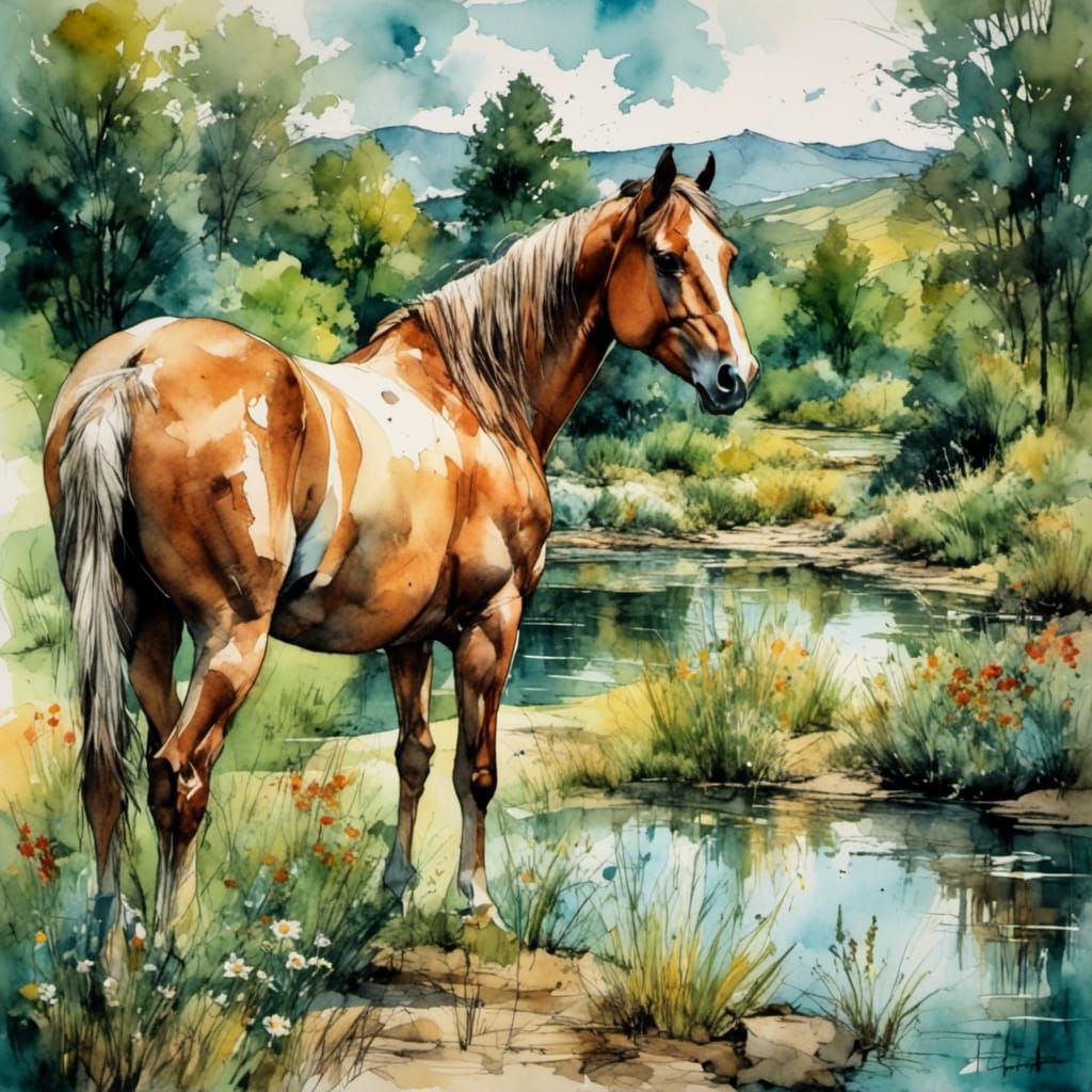  <lora:MMM:1.0> A horse by a pond in the summer