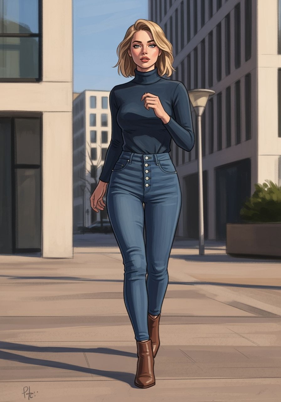 Curvy Blonde Woman in Modern German City, Painterly Style