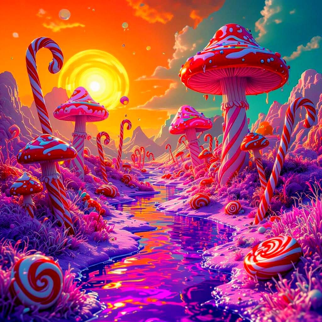 A Planet made out of Candy Mushrooms, Candy Canes, purple liquor, Licorice, orange, and teal split-complementary ...  by @SethRichards