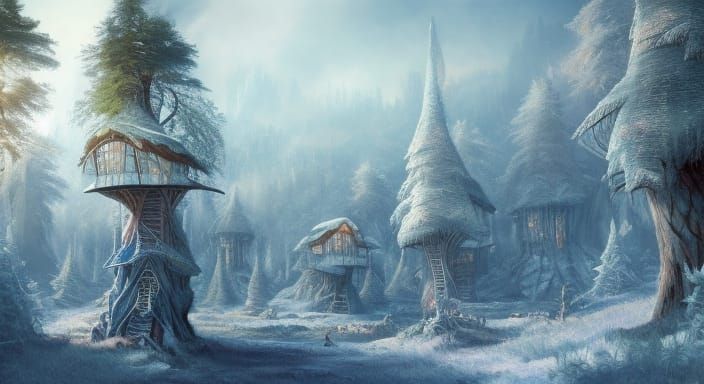 Treehouses in a frozen forest