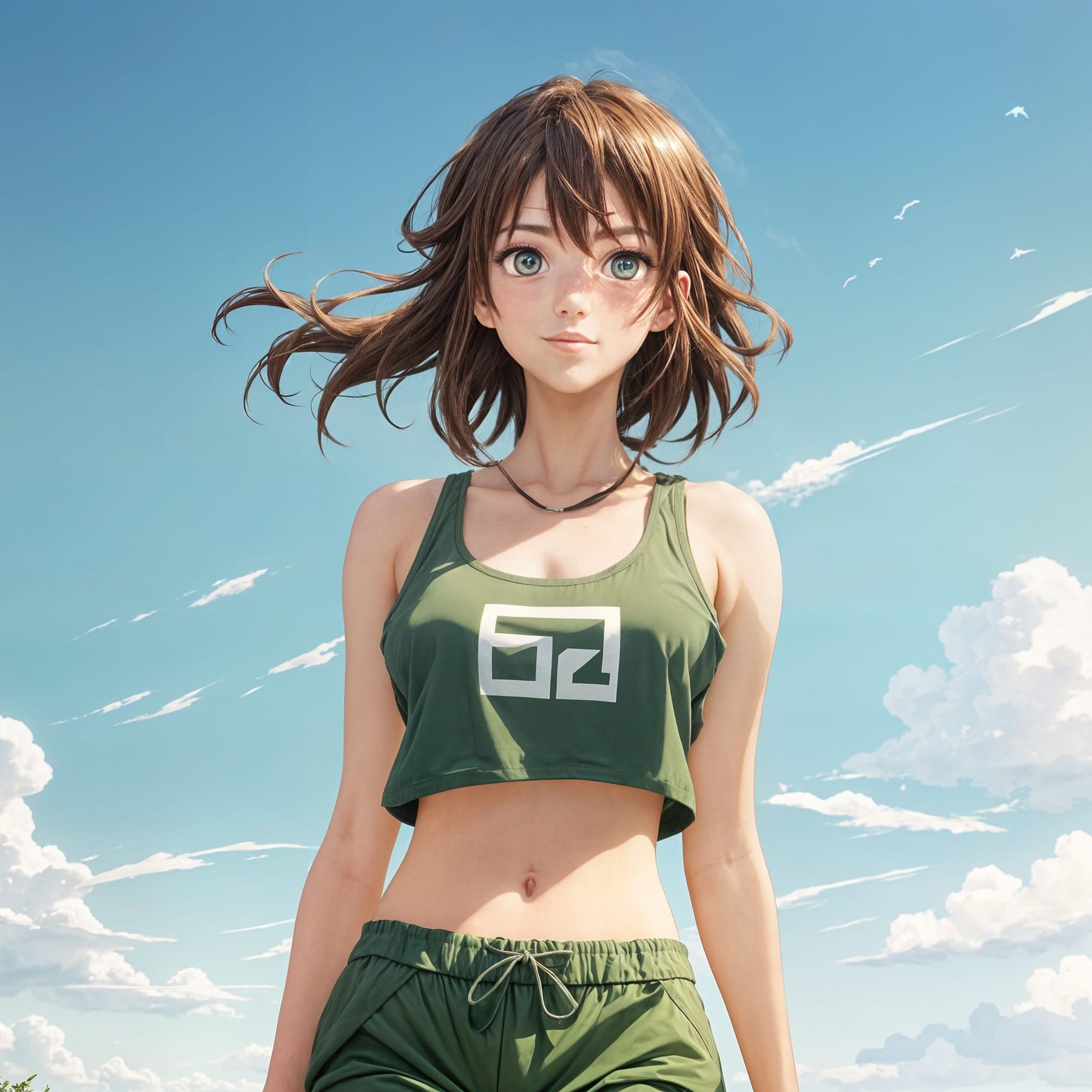 a young anime woman in her twenties, looking at the camera. brown hair blown by the wind, rosy cheeks, green eyes and a very warm, friendly...